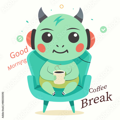 Vector art illustration of kawaii mascot drinking coffee