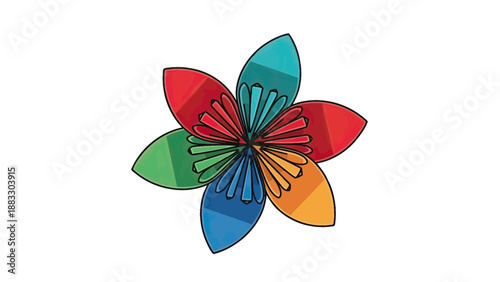 Colorful flower graphic, with stylized petals and a dark outline, on a white background
