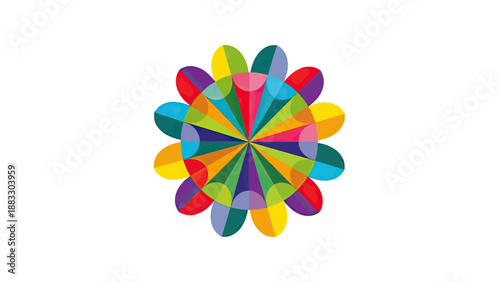 A vibrant, geometric floral design with layered petals in various saturated colors