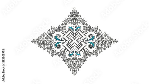 Symmetrical floral design with a central knot and turquoise accents on a white background
