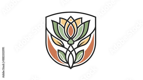 A stylized floral emblem of layered petals and leaves, enclosed within a shield-like frame