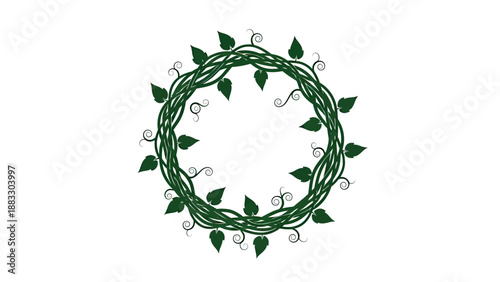 Green stylized wreath of vines, leaves and tendrils arranged in a circular formation, isolated on white