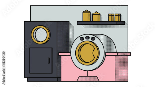 Laundry room illustration featuring washing machine and dryer, minimalist design.