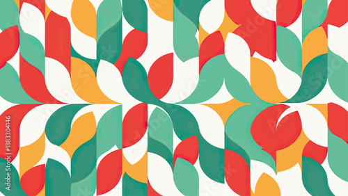 Abstract, vibrant seamless pattern of leaf-like shapes in red, green, yellow, and white