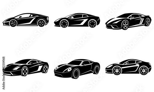 Six Black Sports Cars Silhouettes on White Background 6