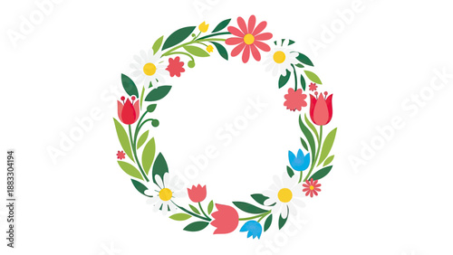 A circular floral wreath featuring a colorful array of flowers and leaves on a white background