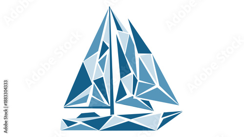 Geometric sailboat illustration with various shades of blue against a white background