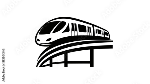 Black and white elevated train design on tracks. Simplified modern icon