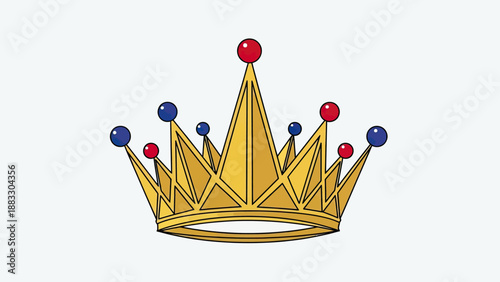 A gold crown with red and blue jewels on a white background, representing royalty