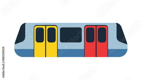 A cartoon-style train with yellow and red doors, blue body. Simplistic illustration