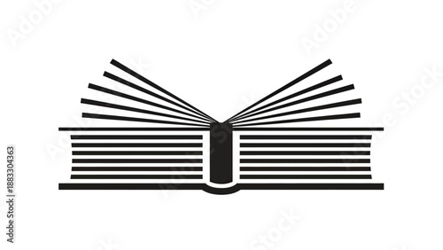 Simple black and white illustration of an open book with fanned pages