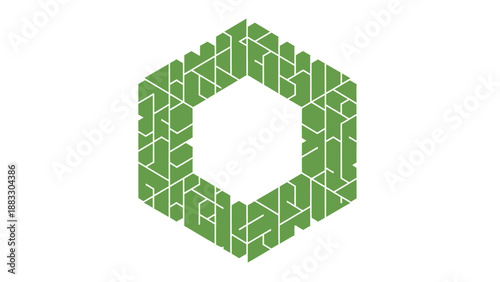 Abstract geometric design in green and white, forming a hexagon with a hollow center
