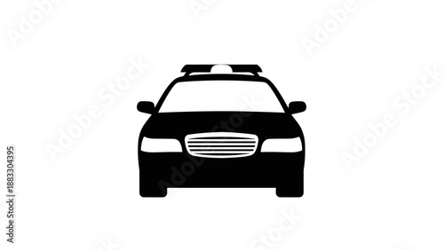 A black and white vector graphic of a police car from the front, isolated on a white background