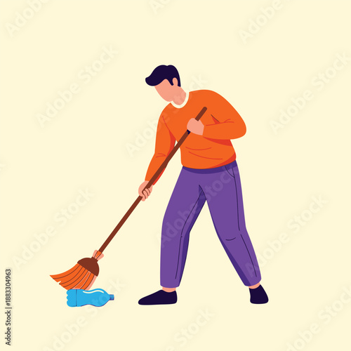 Man diligently sweeping trash with a broom, cleaning up the environment.