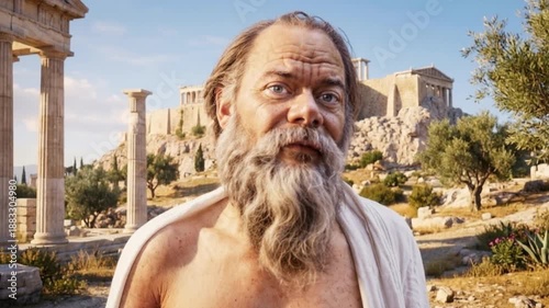 Ancient Greek philosopher sage in white toga among classical ruins depicting wisdom, Socratic tradition and Mediterranean philosophical heritage of antiquity era