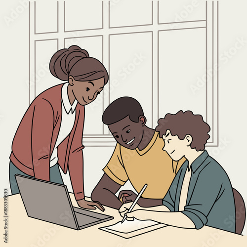 Diverse students collaborating on laptop with teacher guidance