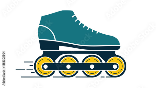 Graphic of a roller skate in teal and yellow colors, with motion lines