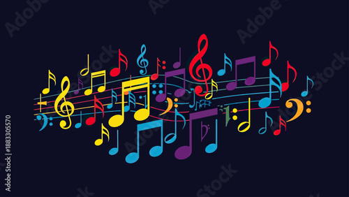 Colorful music notes floating on a dark background, vibrant musical composition