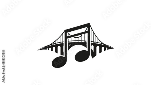 A minimalist logo featuring a bridge silhouette integrated with musical note shapes in black