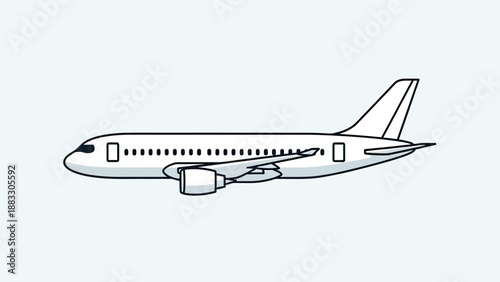 Line art illustration of a commercial jet plane in a side view against a light blue background