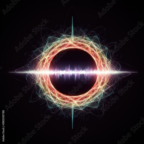Hypnotic abstract digital rendering showing perfect energetic wave resonance and harmonic frequency propagation across a dark background ,fluid ,vibrant ,complexity