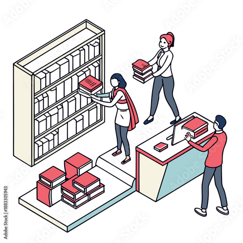 Of people stocking books on shelves and counter book distribution