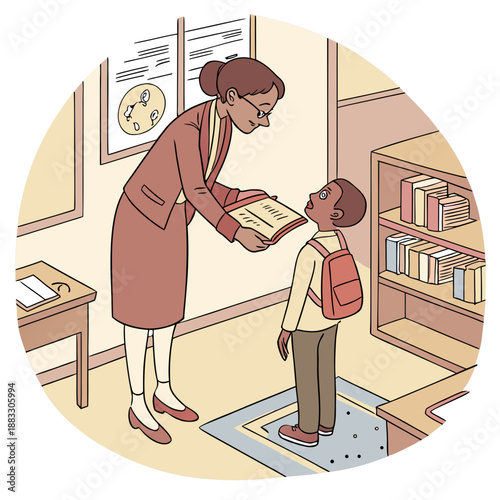 Woman handing book to schoolboy in classroom teacher