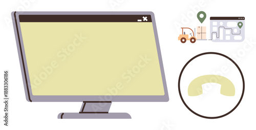 Logistics, transportation, communication, supply chain, online tracking, navigation tools. Computer screen with map, truck and phone icons. Logistics and transportation concept
