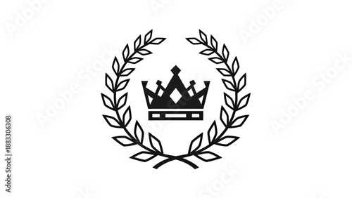 Black and white graphic of a crown encircled by a laurel wreath on a white background
