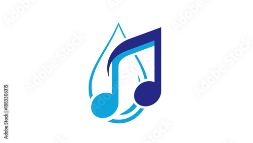 Abstract musical note design, combined with teardrop shapes, in shades of blue on white