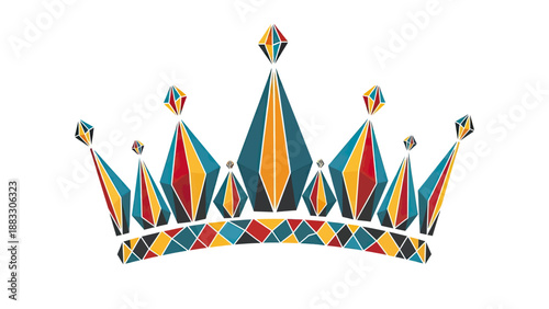 Geometric crown illustration with a mosaic style, featuring vibrant colors on white backdrop