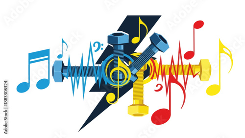 A creative vector illustration combining bolts, music notes, musical symbols, and sound waves