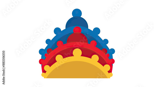 Abstract graphic of layered shapes blue, red, and yellow, resembling a partial arc