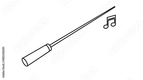 Black line drawing of a conductor's baton and musical note on white background