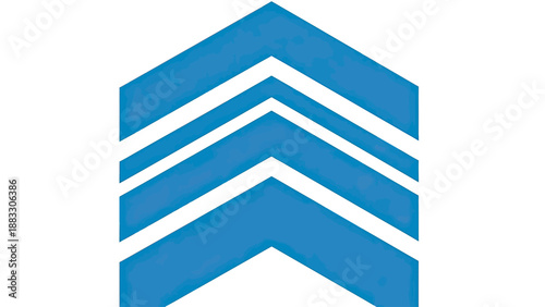 A blue chevron emblem composed of three arrows stacked pointing upwards on a white background