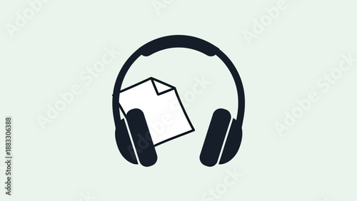 A dark blue headphone icon with a white paper in between on a light green background
