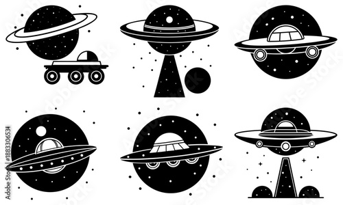 Six Different Flying Saucer and U F O on White Background alien spacecraft space