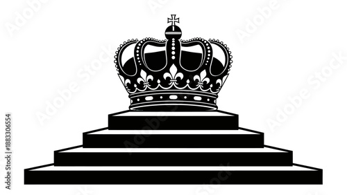 Monochromatic illustration of a crown atop steps, a symbol of royalty, authority, and power