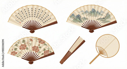 Collection of exquisite traditional Asian hand fans showcasing cultural art and craftsmanship on white background
