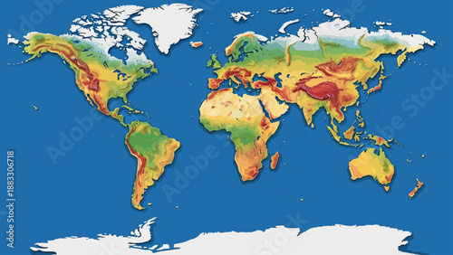 A colorful topographic map of the Earth, showing land elevations on a blue background