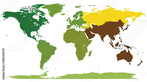 World map in flat style, with continents colored differently. White background