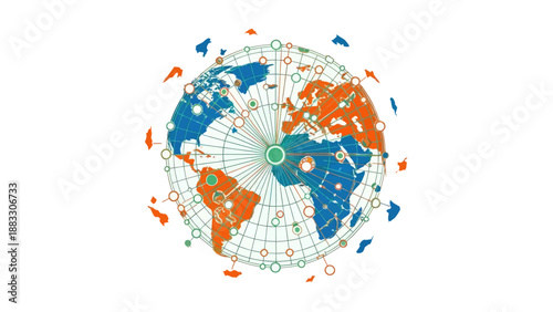 A stylized world map with continents in orange and blue, connected by networks and dots, on white