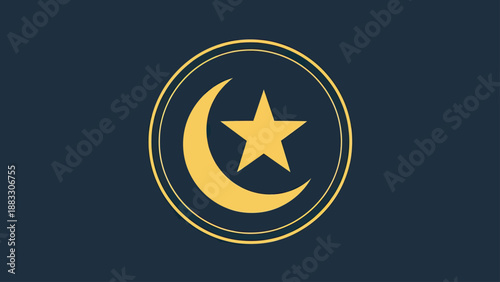 Geometric emblem features a crescent moon and star within a double circle on a dark blue backdrop