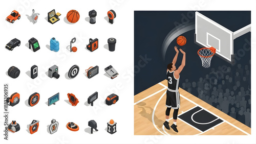 Isometric collection of sporting goods and equipment for basketball game on a court