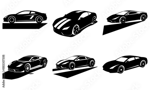 Six black sports cars in different angles on a white background car silhouettes transparent background