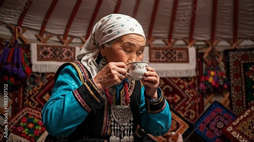 Elderly woman enjoying tea inside traditional yurt with vibrant decor