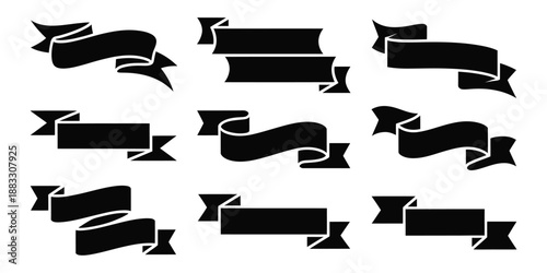 Nine black ribbon banners on white background 2