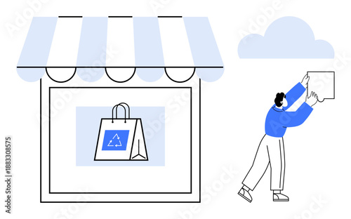 Sustainable shopping. a storefront with a recycled bag and a person interacting digitally with e-commerce. Sustainable shopping promotes eco-friendly practices and conscious consumerism. Perfect