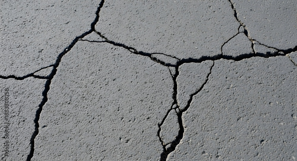 Obraz premium Closeup of cracked dry gray textured surface with jagged fissures and rough concrete pattern cracked surface