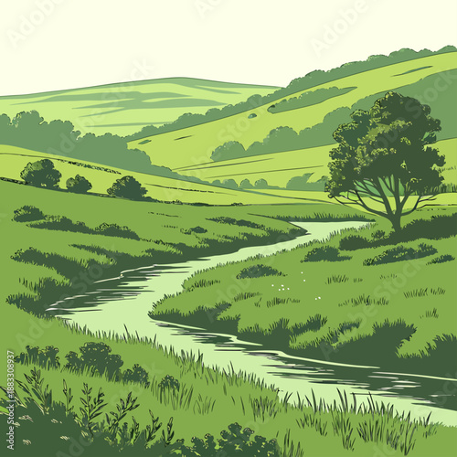 Serene green valley with winding stream and lush vegetation